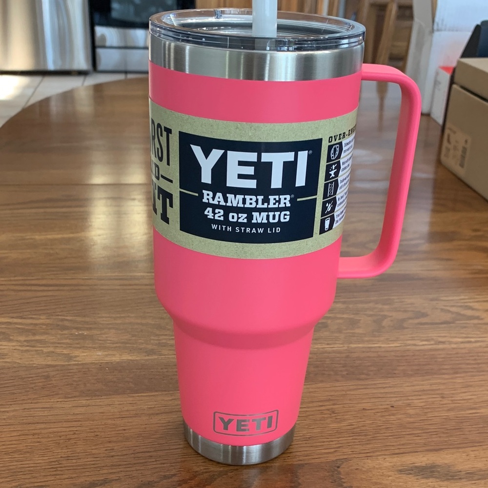 YETI Rambler 42 oz Mug in Tropical Pink with Straw Lid-With Yeti Sticker